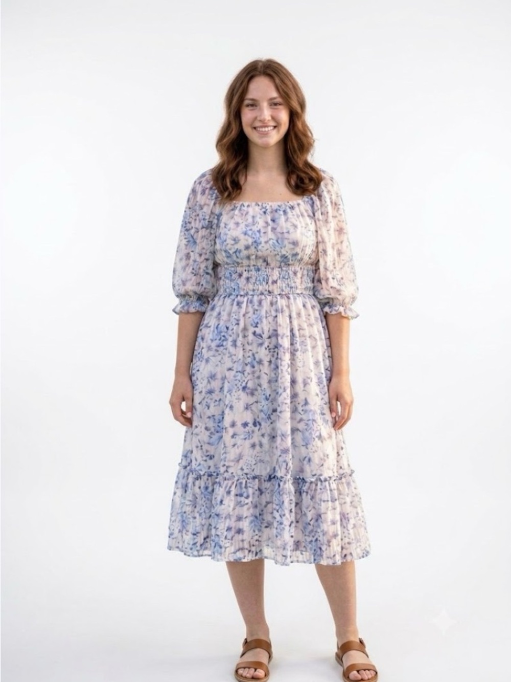 Smocked Square-Neck Midi Dress in Light Floral